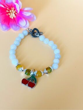 Cherry Charm green jadeite Beaded Bracelet